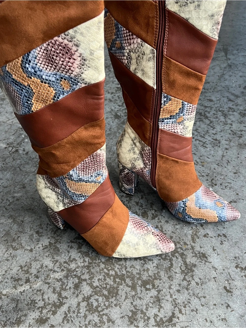 Knee High Patchwork Snake Print Brown Faux Leather Heeled Boots Women’s 7.5